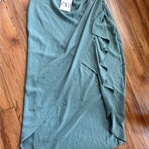 Zara Green Maxi Wrap Skirt with Asymmetrical Ruffles